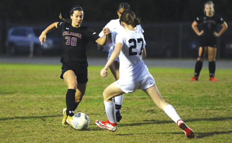 Columbia forward Skyler Ziegaus dribbles up the field against Leon during Wednesday’s District 2-6A quarterfinal. (MORGAM MCMULLEN/Lake City Reporter)