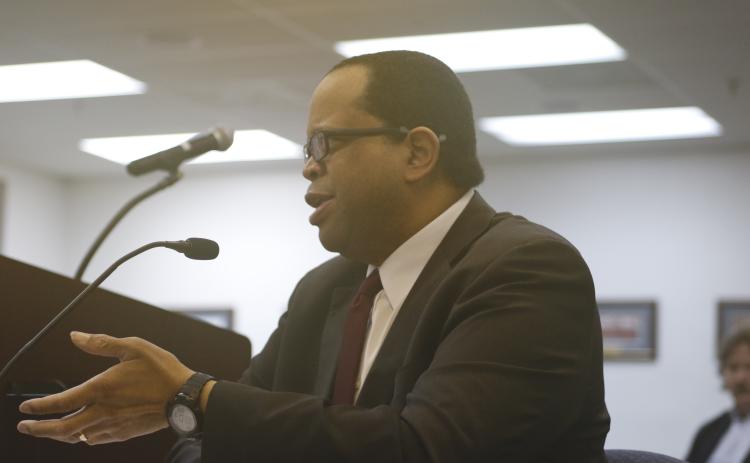 Thomas Thomas answers a question from the Lake City Countil during an interview for the city manager position Wednesday morning. (JAMIE WACHTER/Lake City Reporter)