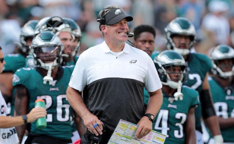 Former Philadelphia Eagles head coach Doug Pederson reacts during a game against the Detroit Lions on Sept. 22, 2019. (TIM HAWK/TNS)