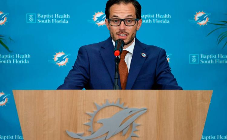 New Miami Dolphins head coach Mike McDaniel speaks at his introductory press conference at Baptist Health Training Complex in Hard Rock Stadium on Thursday in Miami Gardens. (DAVID SANTIAGO/TNS)