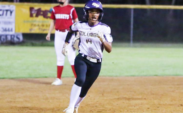 Columbia’s Sakiya Merriex rushes to third base against Lafayette on Thursday night. (BRENT KUYKENDALL/Lake City Reporter)
