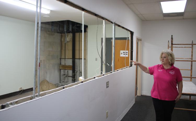 Tomi Brown, Columbia County’s supervisor of elections, looks over construction work for the addition of a 35-foot window that will allow voters to see into the canvassing room. (TONY BRITT/Lake City Reporter)