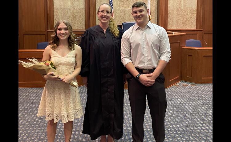McKinsey Wilson and Dakota Topham were married by County Judge Sara Carter at 2:22 p.m. on ‘Twosday’ 2-22-22 at the Columbia County Courthouse. They were one of the record number of couples who exchanged vows at the courthouse during the day. (COURTESY)