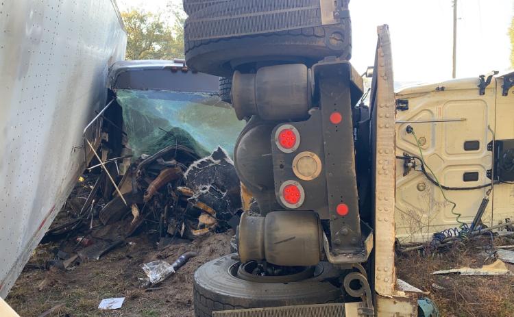 A crash Friday morning involving a passenger bus and tractor trailer on State Road 51 near Mayo sent 13 people to the hospital. (COURTESY)