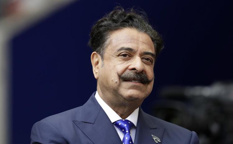 Jacksonville Jaguars owner Shahid Khan stands before a game between the Jaguars and the Baltimore Ravens at Wembley Stadium on Sept. 24, 2017, in London. (AP File)