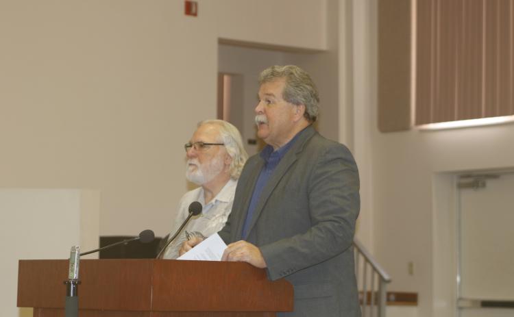 Hugh Thomas (right) and Charlie Keith address the council at Thursday morning’s meeting. (JAMIE WACHTER/Lake City Reporter)