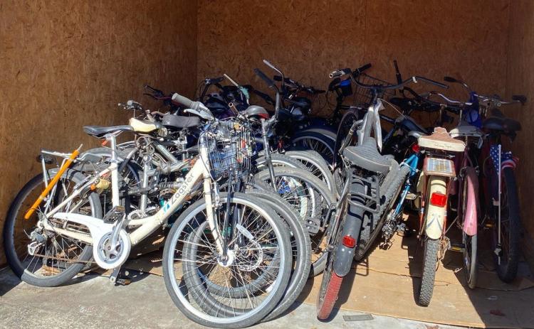 A bundle of bicycles sits in storage after being seized by the LCPD. The department recently donated the bikes to the United Way of Suwannee Valley. (COURTESY)