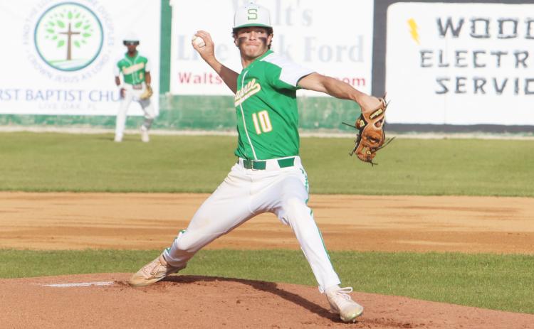 Suwannee pitcher Carstone Palmer throws a pitch against Valdosta on March 22. A tough schedule has benefitted the Bulldogs this season as they sit ranked first in Region 1-4A. (PAUL BUCHANAN/Special to the Reporter)