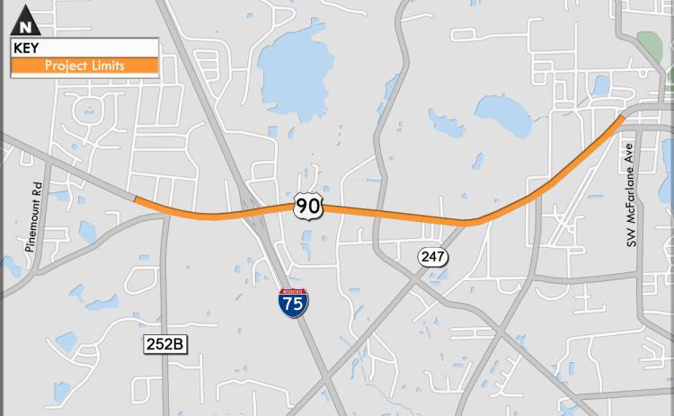 An FDOT map highlights the stretch of U.S. Highway 90 that will be under construction starting next week. (COURTESY)