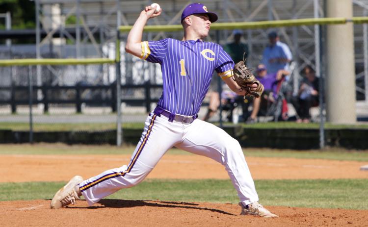 Columbia pitcher Hayden Gustavson pitches against Bishop Kenny on Monday afternoon. Gustavson struck out seven and only allowed one hit in four innings. (BRENT KUYKENDALL/Lake City Reporter)