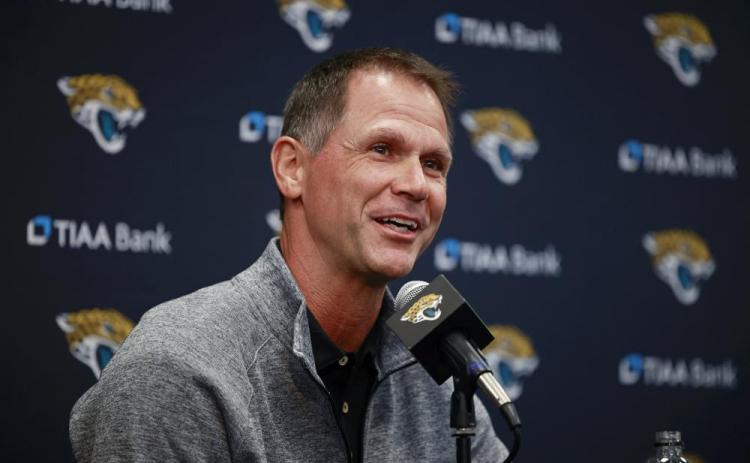 Jacksonville Jaguars General Manager Trent Baalke answers questions from the media during a press conference on Friday at TIAA Bank Field in Jacksonville. (COREY PERRINE/The Florida Times-Union via AP)