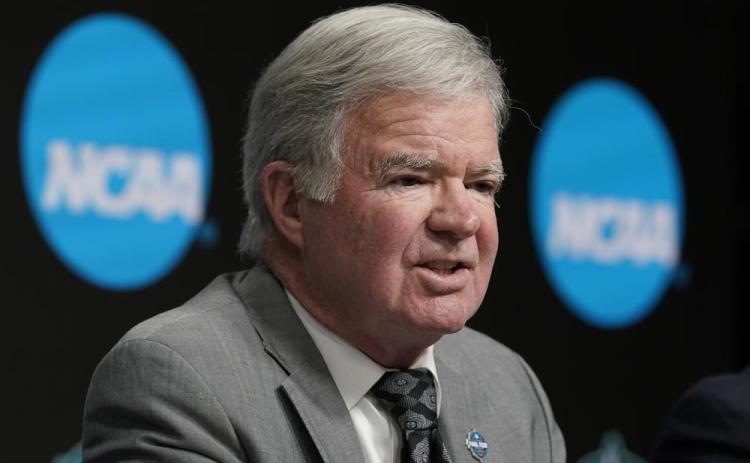 NCAA President Mark Emmert speaks at a news conference at the Target Center, site of of the women's Final Four, on March 30 in Minneapolis. (ERIC GAY/AP File)