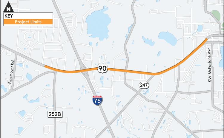A map shows the boundaries of the road work on happening on U.S. Highway 90. The 3.3 mile long stretch of road is expected to be complete by early 2023. (COURTESY)