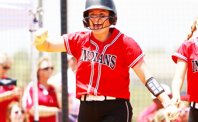 Fort White pitcher Kadence Compton celebrates after hitting a home run against Dixie County in the Class 1A state semifinals at Legends Way Ballfields on Tuesday in Clermont. (WILL TURNER/Special to the Reporter)