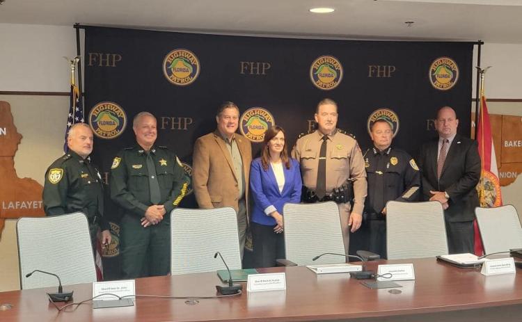 Suwannee County Sheriff Sam St. John (second from left), Columbia County Sheriff Mark Hunter (third from left) and Lake City Police Chief Gerald Butler (second from right) were part of a roundtable discussion with Lt. Gov. Jeanette Nunez (center) on drug and human trafficking on Monday. (COURTESY)
