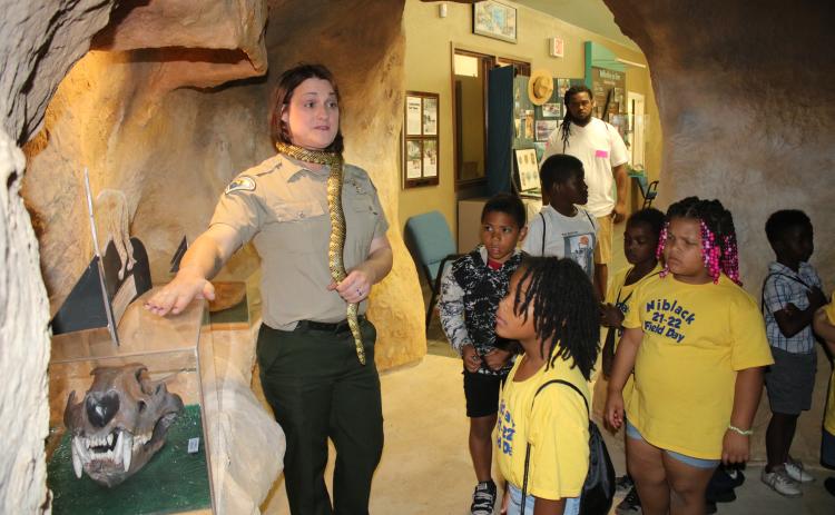 Corie Register, an employee at Ichetucknee Springs State Park, tells Niblack Elementary School students about the American Lion Skull display at the park’s education center Wednesday morning. (TONY BRITT/Lake City Reporter)