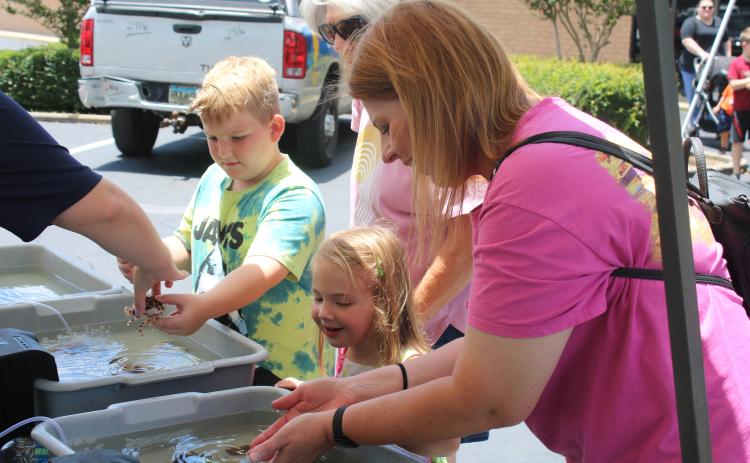 Julianne Bleakley (center) smiles as Jennifer Bleakley shows her a baby horseshoe crab. (TONY BRITT/Lake City Reporter)