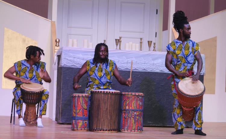 A trio of percussionists perform during Florida Gateway College’s Juneteenth Celebration program. (TONY BRITT/Lake City Reporter)