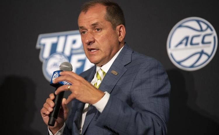 Atlantic Coast Conference Commissioner Jim Phillips speaks during ACC basketball media day on Oct. 12, 2021, in Charlotte, N.C. (AP FILE)