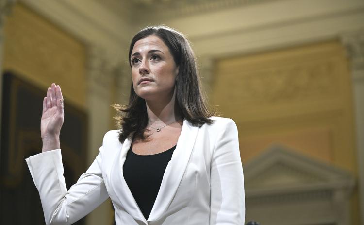 Cassidy Hutchinson, a top former aide to Trump White House Chief of Staff Mark Meadows, is sworn-in as she testifies during the sixth hearing by the House Select Committee on the Jan. 6 insurrection on Tuesday in Washington, DC. (BRANDON BELL/Getty Images/TNS)