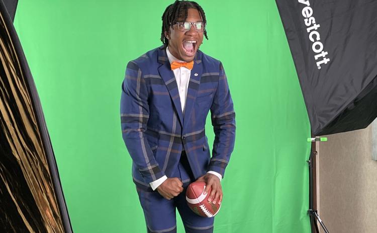 Florida Gators quarterback Anthony Richardson poses for a hologram GIF at SEC Media Days on Wednesday in Atlanta. (EDGAR THOMPSON/Orlando Sentinel/TNS)