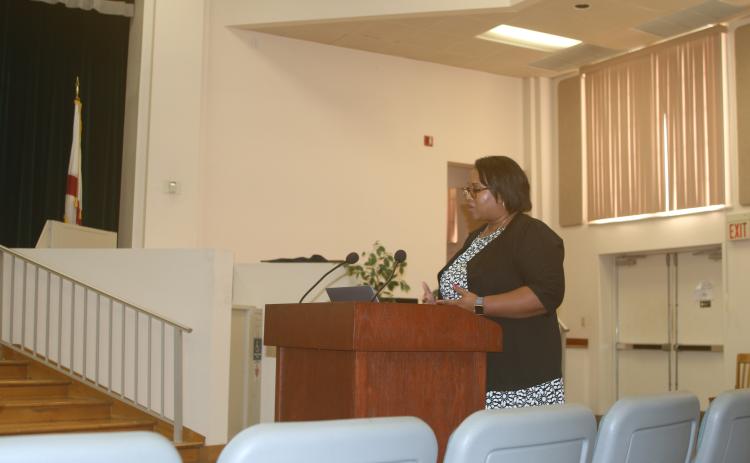 Hope Jernigan, an assistant superintendent with Columbia County Schools, presents the district’s strategic plan for 2023-2028 to school board members Tuesday. (TONY BRITT/Lake City Reporter)