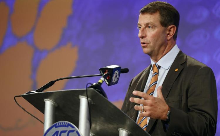 Clemson head coach Dabo Swinney answers a question at ACC Media Days on July 20 in Charlotte, N.C. (NELL REDMOND/Associated Press)