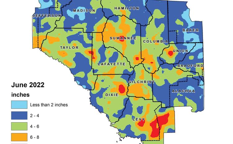 The Suwannee River Water Management District’s hydrologic conditions report for June shows most of the district received between two and six inchdes of rain in the month. (COURTESY)