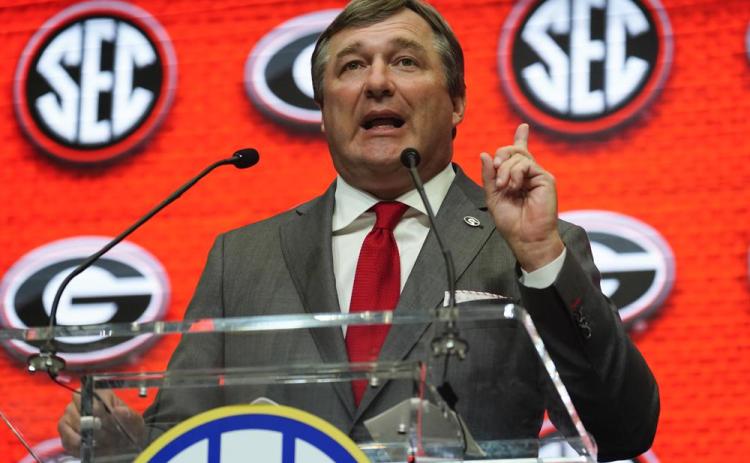 Georgia head coach Kirby Smart speaks during SEC Media Days on Wednesday in Atlanta. (JOHN BAZEMORE/Associated Press)