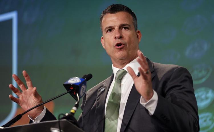 Miami head coach Mario Cristobal answers a question during ACC Media Days on Thursday in Charlotte, N.C. (NELL REDMOND/Associated Press)