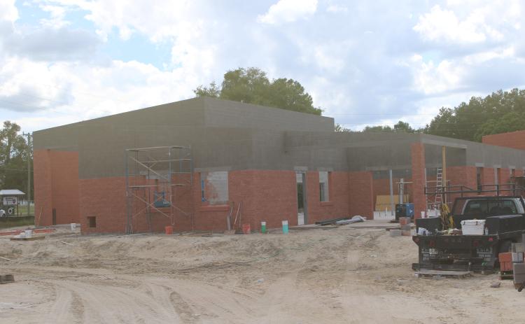 The front end of the new Lake City Fire station, Station 2, is still being worked on by construction crews. LCFD officials hope the station will be complete ahead of schedule. (TONY BRITT/Lake City Reporter)