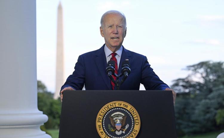 President Joe Biden speaks from the Blue Room Balcony of the White House Monday as he announces that a U.S. airstrike killed al-Qaida leader Ayman al-Zawahri in Afghanistan. (JIM WATSON/Associated Press)