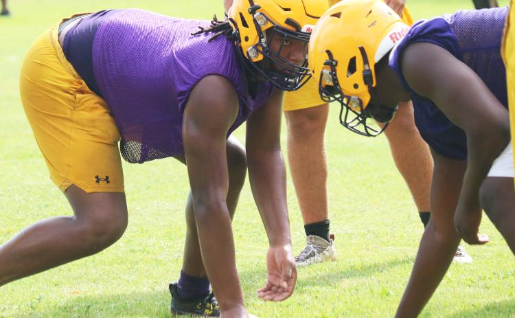 Columbia defensive end Rashod Bradley gets in his stance during a drill during Monday’s practice. (JORDAN KROEGER/Lake City Reporter)