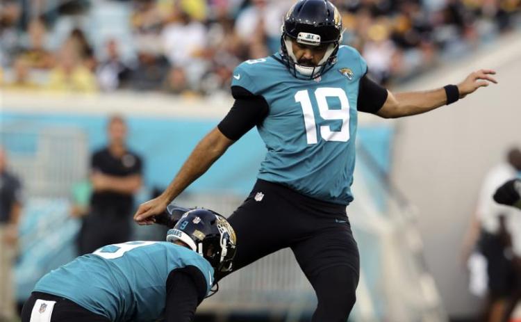 Jacksonville Jaguars place kicker Ryan Santoso kicks a field goal against the Pittsburgh Steelers during Saturday’s preseason game in Jacksonville. (GARY MCCULLOUGH/Associated Press)