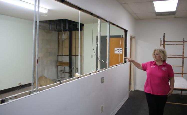 Columbia County Supervisor of Elections Tomi Brown looks over construction work for the addition of a 35-foot window that will allow voters to see into the canvassing room back in February. (FILE)