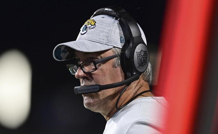 Jacksonville Jaguars coach Doug Pederson watches from the sideline during the Hall of Fame game against the Las Vegas Raiders on Aug. 4 Canton, Ohio. (DAVID DERMER/Associated Press)