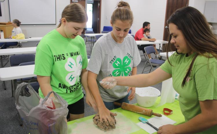 Elizabeth Davis (from left), 16, and Wren Wilkerson, 13, 4H Four Paws members get baking tips and help from Candice Green as the teens work on creating animal treats for dogs on Saturday. (TONY BRITT/Lake City Reporter)