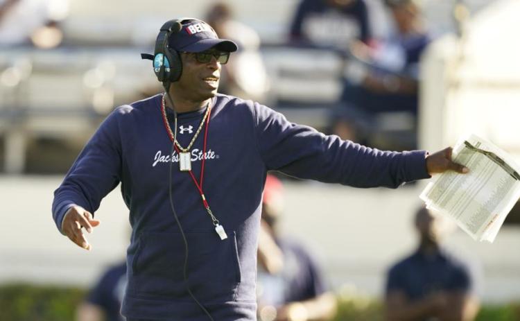 Jackson State football coach Deion Sanders calls out a play in the first half of Jackson State's Blue and White spring game on April 24 in Jackson, Miss. (ROGELIO V. SOLIS/Associated Press)
