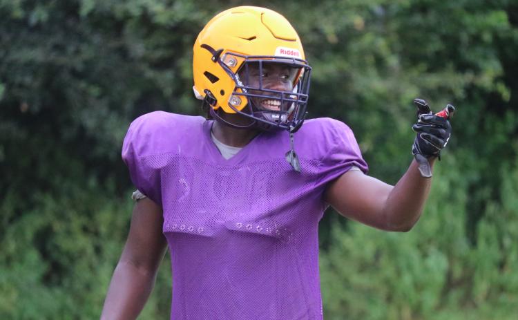 Columbia linebacker Jaden Robinson points to a teammate during Thursday’s practice. (JORDAN KROEGER/Lake City Reporter)
