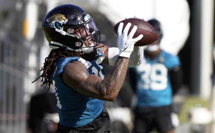 Jacksonville Jaguars wide receiver Laviska Shenault Jr. makes a catch during practice on July 25 in Jacksonville. (JOHN RAOUX/Associated Press)