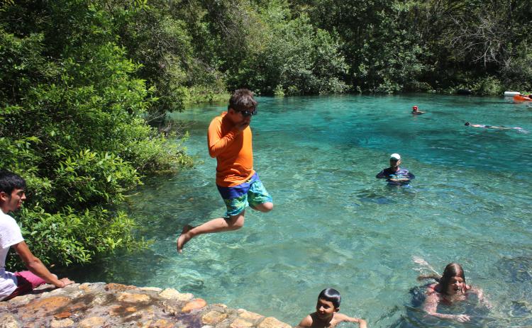 Dariel Garcia, 10, leaps into water at Ichetucknee Springs State Park on Monday afternoon. Thousands of people visited the park during the holiday weekend. (TONY BRITT/Lake City Reporter)