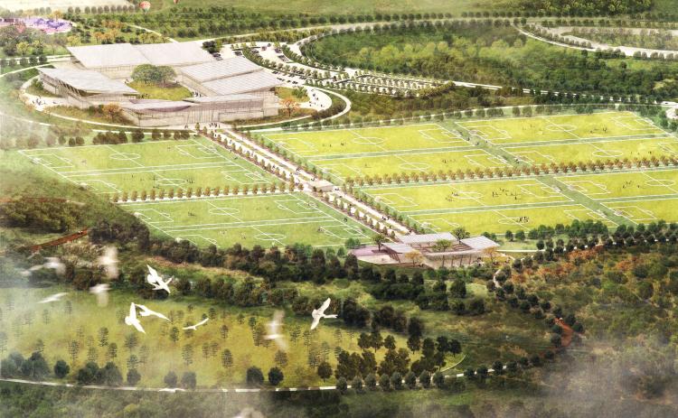 An artist’s rendering of the flatfields and ‘hub’ at the 500-acre park. (COURTESY)