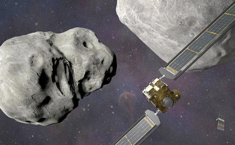 This illustration depicts NASA’s DART probe, foreground right, at the Didymos system before impact with the asteroid Dimorphos, left. (STEVE GRIBBEN/Johns Hopkins APL/NASA via AP)
