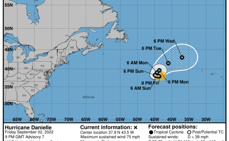 The National Oceanic and Atmospheric Administration released this graphic, forecasting Hurricane Danielle to continue an eastward trend, on Friday. (COURTESY NOAA)