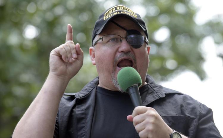 Stewart Rhodes, founder of the Oath Keepers, speaks during a rally outside the White House on June 25, 2017. (SUSAN WALSH/AP File)