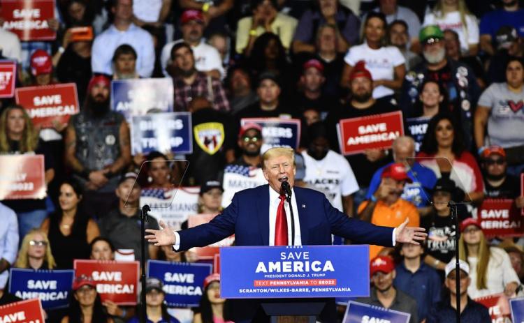 Former President Donald Trump speaks during a rally at the Mohegan Sun Arena in Wilkes-Barre Township, Pa. on Saturday. (SEAN MCKEAG/The Citizens’ Voice via AP)