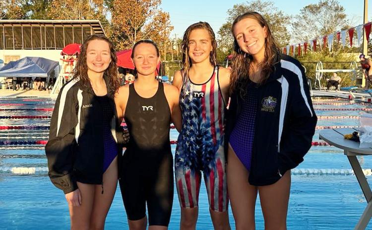 Columbia’s 200 medley relay team of Annie Glenn (from left), Calle Lones, Casey Fair and Izzy Glenn won on Thursday. (COURTESY)