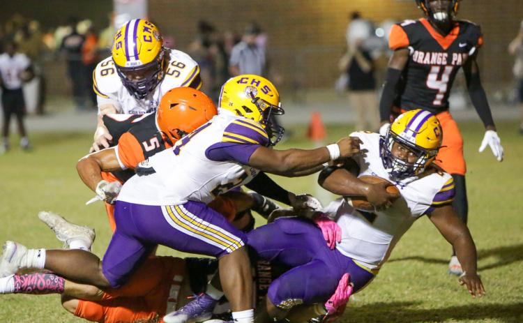 Columbia running back Tony Fulton scores a touchdown against Orange Park on Friday night. (BRENT KUYKENDALL/Lake City Reporter)