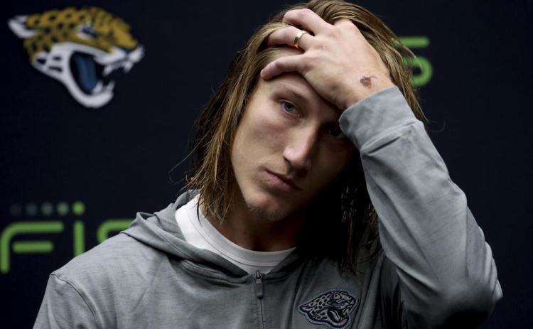 Jacksonville Jaguars quarterback Trevor Lawrence reacts during a press conference after Sunday's game against Denver Broncos at Wembley Stadium in London. Jaguars lost by 17-21. (IAN WALTON/Associated Press)