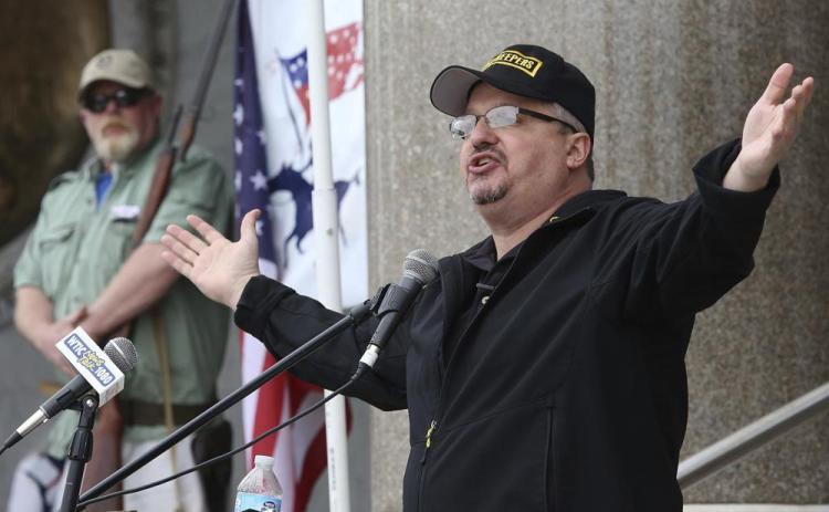 Stewart Rhodes, the founder of Oath Keepers, speaks during a gun rights rally at the Connecticut State Capitol in Hartford, Conn., April 20, 2013. (JARED RAMSDELL/Journal Inquirer via AP)